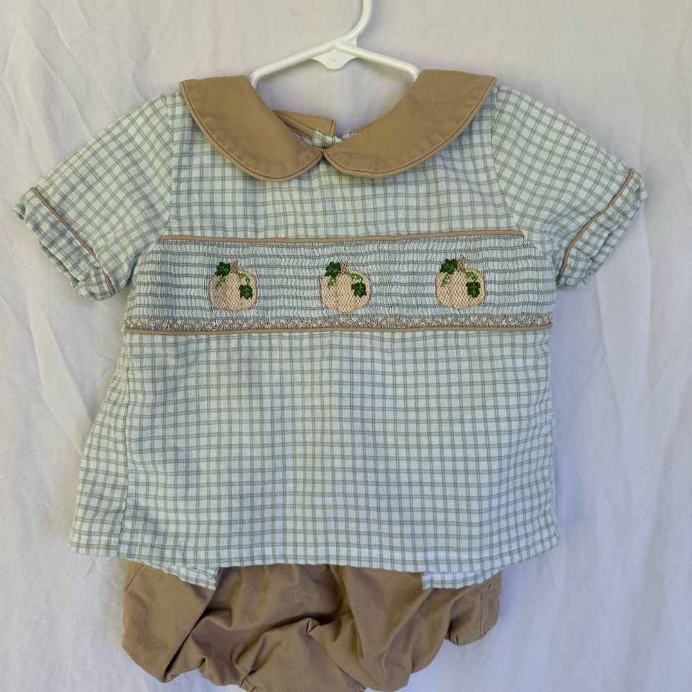Smocked Pumpkin Two-Piece Set in Light Green & Tan